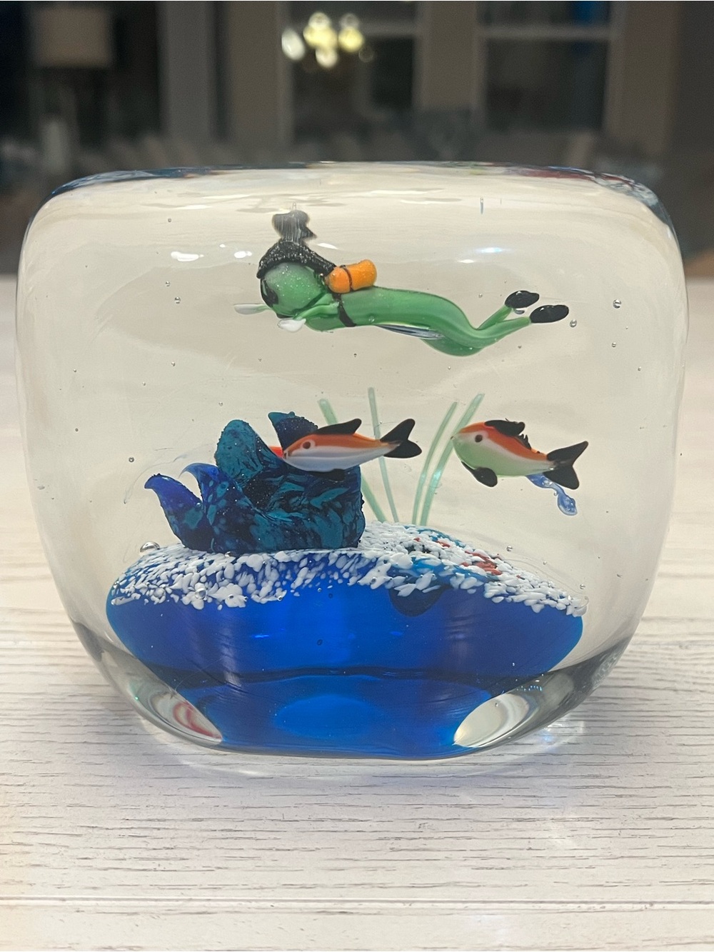 Beachcombers Large Glass Art Aquarium Paperweight with Green Diver